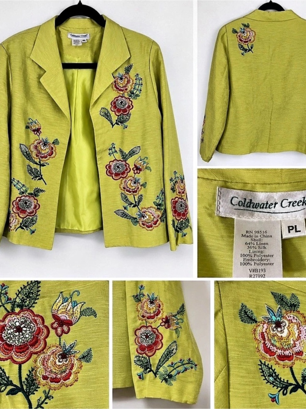 Coldwater Creek Women’s PL Linen Silk Embroidered Floral Blazer Chartreuse Green